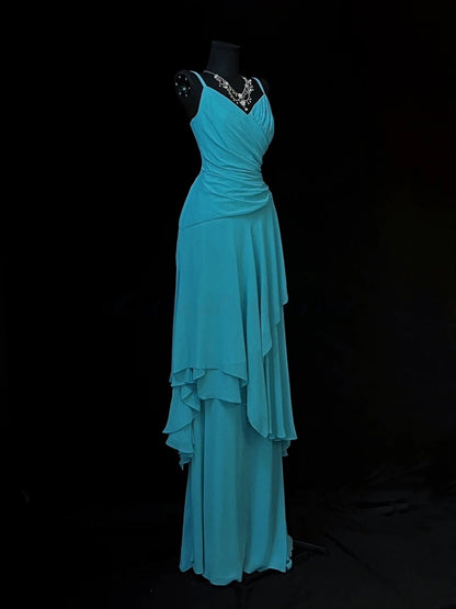 V Neck Blue Chiffon Prom Dress Formal Weeding Guest Dress J10142