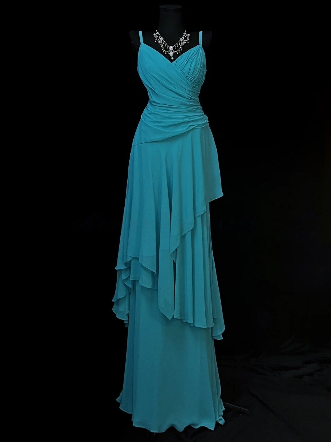 V Neck Blue Chiffon Prom Dress Formal Weeding Guest Dress J10142