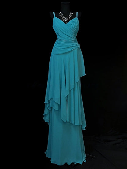 V Neck Blue Chiffon Prom Dress Formal Weeding Guest Dress J10142