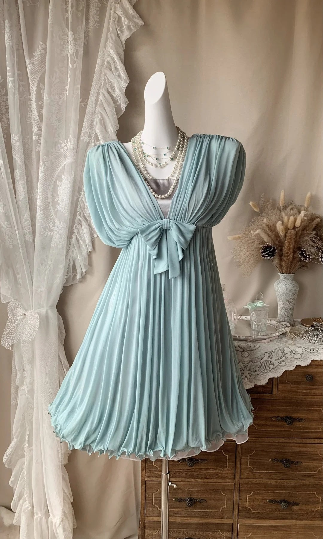 V Neck Blue Pleated Short Dress Chiffon Evening Gown  J11845