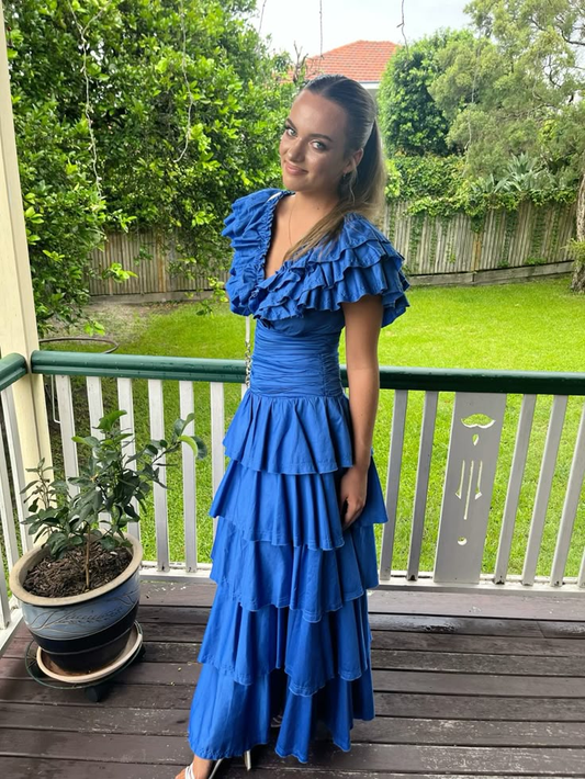 V Neck Blue Satin Layered Prom Dress A Line Formal Dress J9930