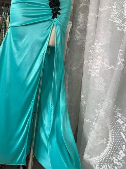 V Neck Blue Satin Mermaid Prom Dress With Black Appliques  J11871