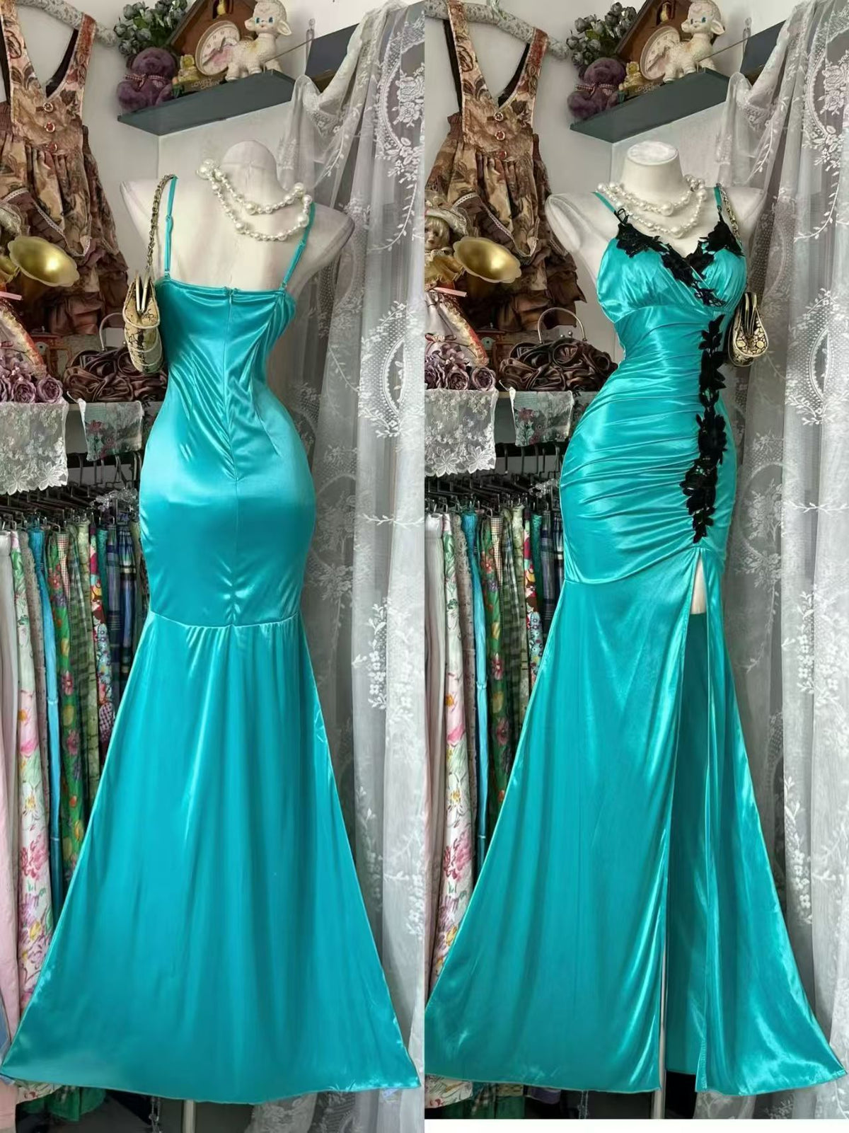 V Neck Blue Satin Mermaid Prom Dress With Black Appliques  J11871