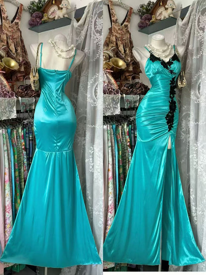V Neck Blue Satin Mermaid Prom Dress With Black Appliques  J11871