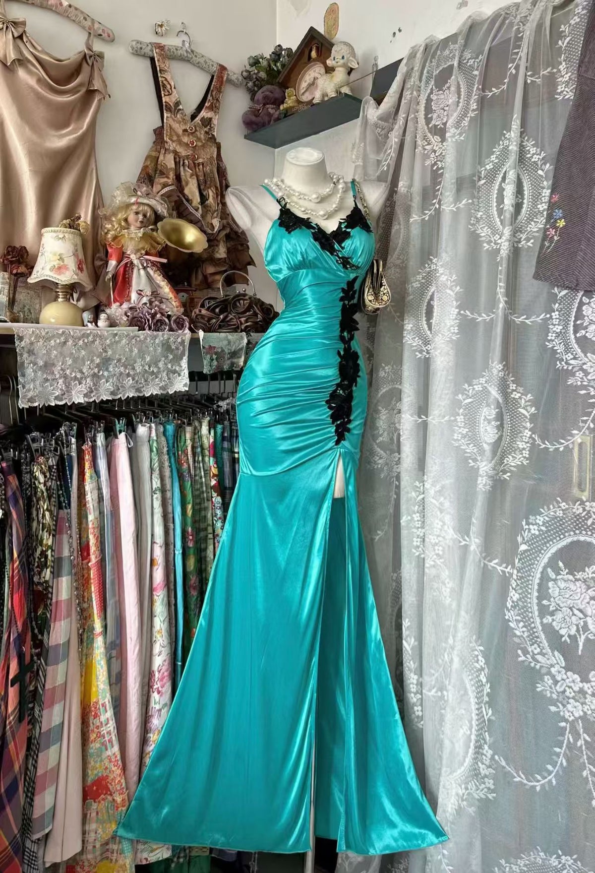 V Neck Blue Satin Mermaid Prom Dress With Black Appliques  J11871