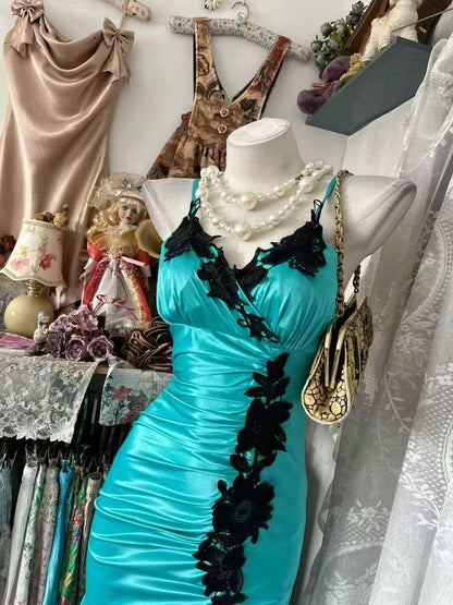 V Neck Blue Satin Mermaid Prom Dress With Black Appliques  J11871