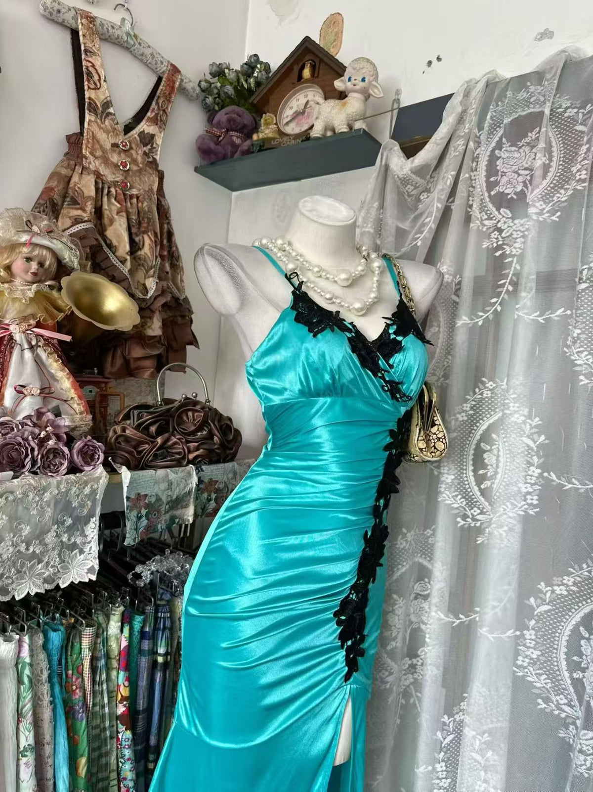 V Neck Blue Satin Mermaid Prom Dress With Black Appliques  J11871