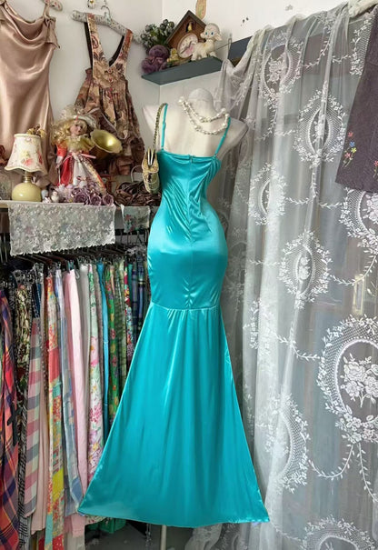 V Neck Blue Satin Mermaid Prom Dress With Black Appliques  J11871