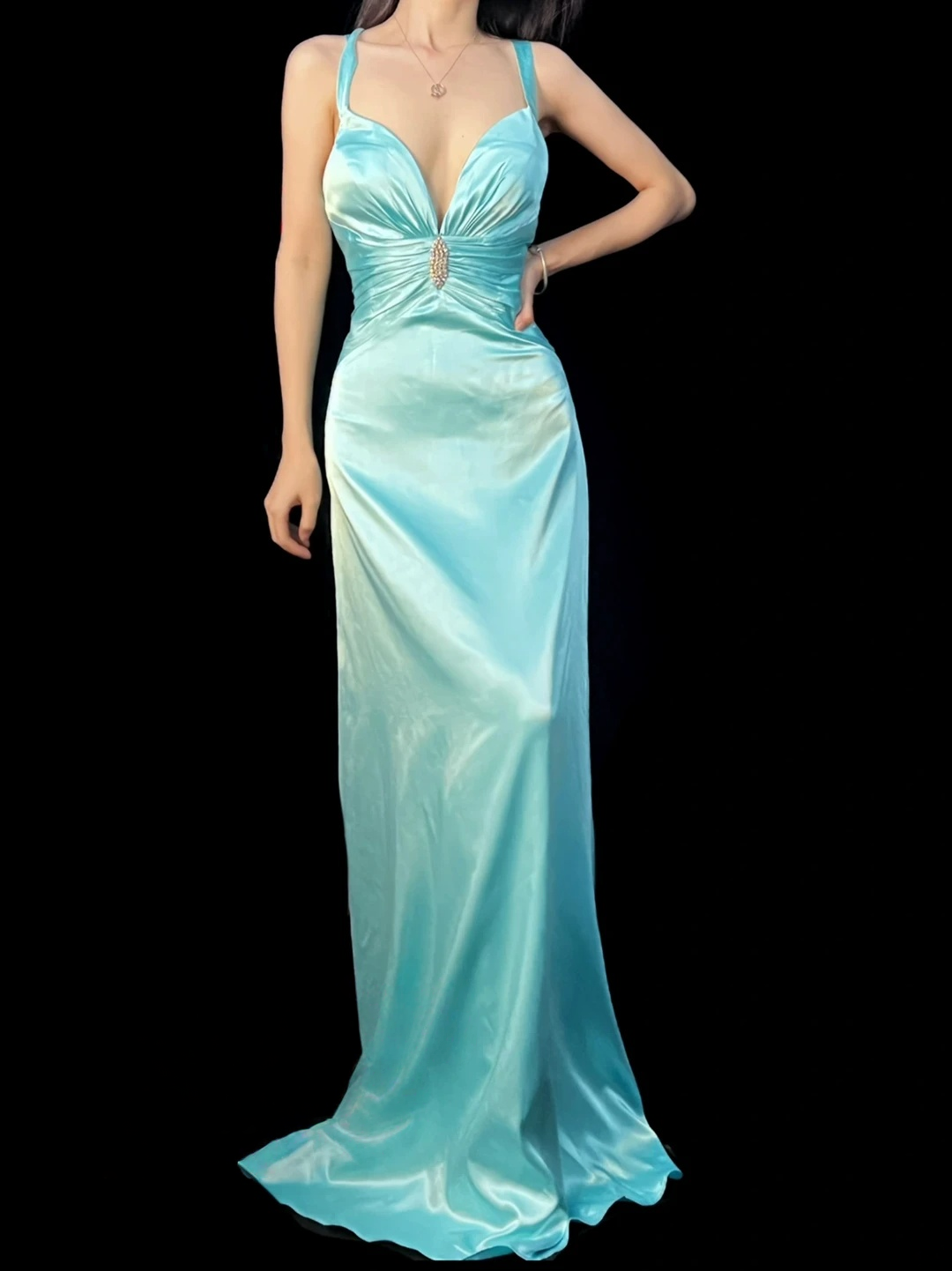 V Neck Blue Satin Prom Dress Formal Evening Gown J10146
