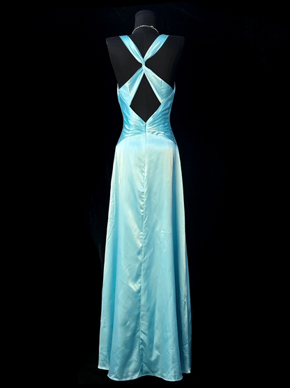 V Neck Blue Satin Prom Dress Formal Evening Gown J10146