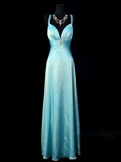 V Neck Blue Satin Prom Dress Formal Evening Gown J10146