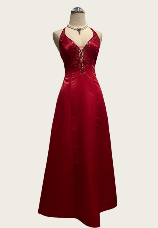 V Neck Burgundy Beaded Retro Prom Dress Backless Evening Dress  J10390