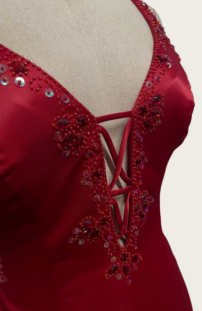 V Neck Burgundy Beaded Retro Prom Dress Backless Evening Dress  J10390