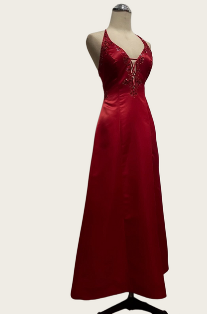 V Neck Burgundy Beaded Retro Prom Dress Backless Evening Dress  J10390