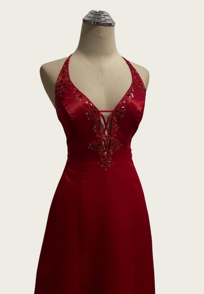 V Neck Burgundy Beaded Retro Prom Dress Backless Evening Dress  J10390