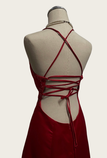 V Neck Burgundy Beaded Retro Prom Dress Backless Evening Dress  J10390