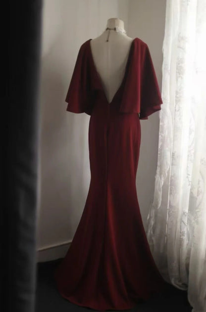 V Neck Burgundy Mermaid Modest Evening Dress  J10809