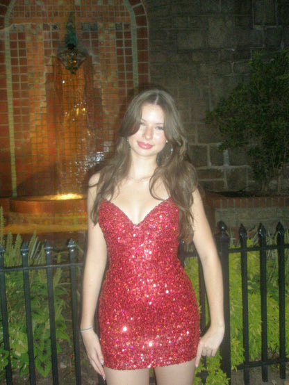 V Neck Burgundy Sequin Sheath Homecoming Dress Short Party Dress  J11495