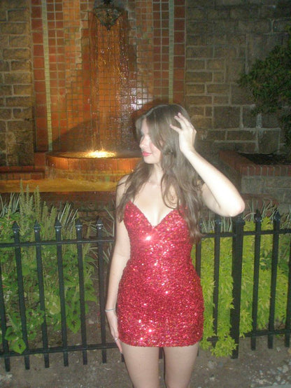 V Neck Burgundy Sequin Sheath Homecoming Dress Short Party Dress  J11495