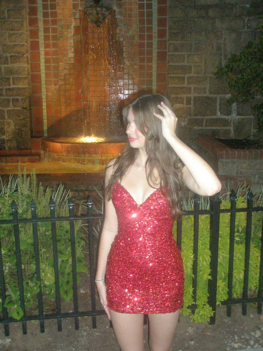 V Neck Burgundy Sequin Sheath Homecoming Dress Short Party Dress  J11495
