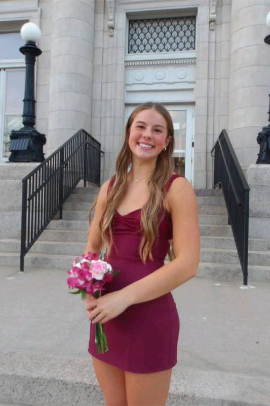 V Neck Burgundy Sheath Short Homecoming Dress  J11259