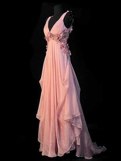 V Neck Chiffon A Line Pink Prom Dress With Flora  J10138