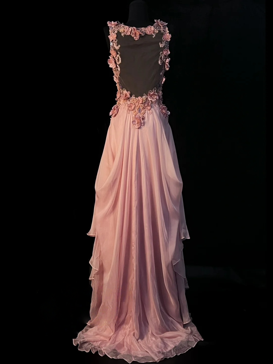 V Neck Chiffon A Line Pink Prom Dress With Flora  J10138