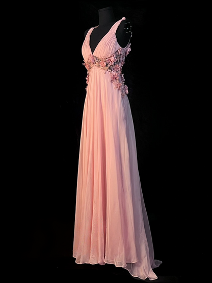 V Neck Chiffon A Line Pink Prom Dress With Flora  J10138