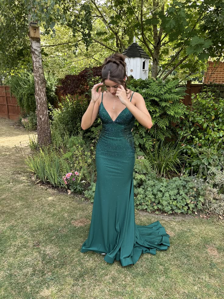 V Neck Emerald Green Mermaid Formal Prom Dress Beaded Evening Gown  J11922