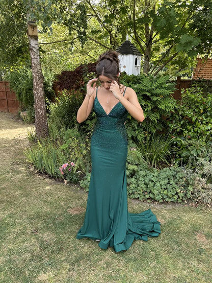 V Neck Emerald Green Mermaid Formal Prom Dress Beaded Evening Gown  J11922