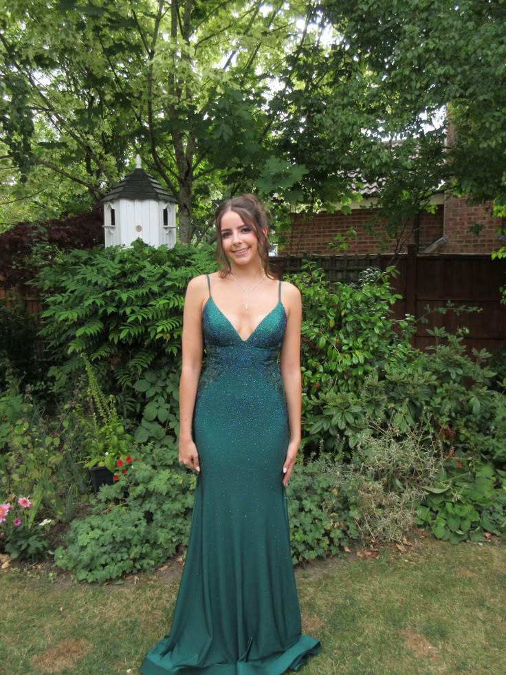 V Neck Emerald Green Mermaid Formal Prom Dress Beaded Evening Gown  J11922