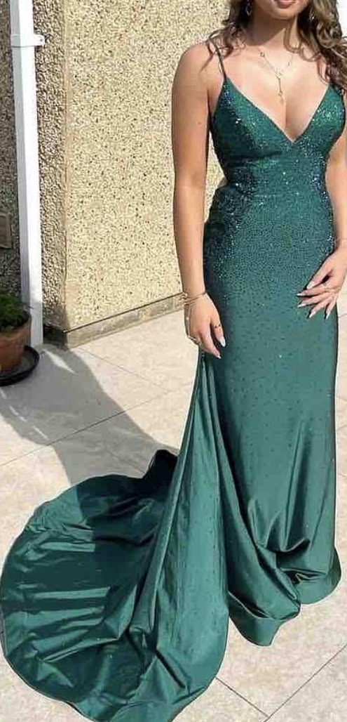 V Neck Emerald Green Mermaid Formal Prom Dress Beaded Evening Gown  J11922