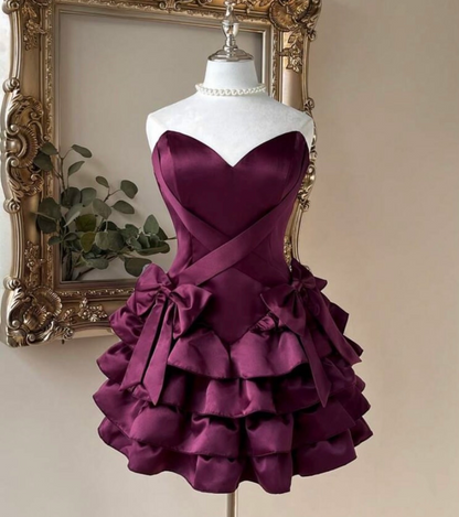 V Neck Fuchsia Satin Homecoming Dress Short Birthday Dress  J11360