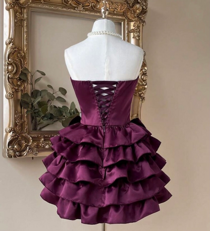 V Neck Fuchsia Satin Homecoming Dress Short Birthday Dress  J11360