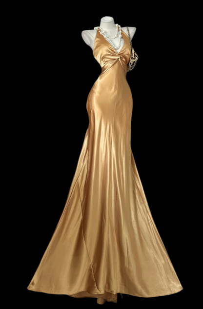 V Neck Gold Mermaid Prom Dress Backless Formal Evening Dress J9705