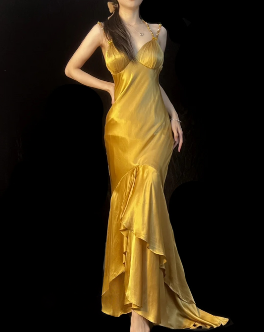 V Neck Gold Mermaid Satin Prom Dress Formal Evening Dress  J10128