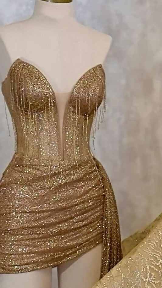 V Neck Gold Sequin Sheath Homecoming Dress  J11145
