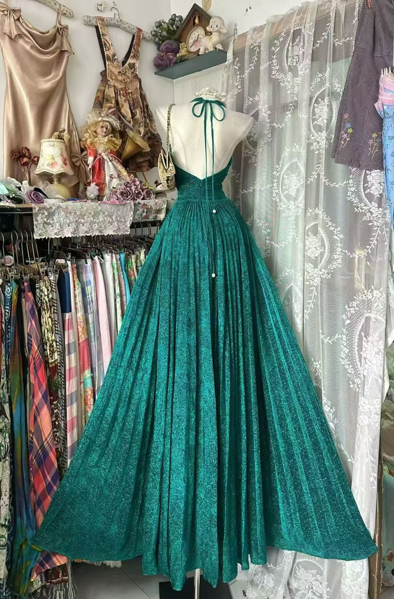 V Neck Green Formal Prom Dress Sparkle Retro Evening Dress  J10867