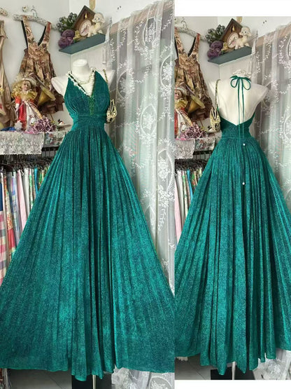 V Neck Green Formal Prom Dress Sparkle Retro Evening Dress  J10867