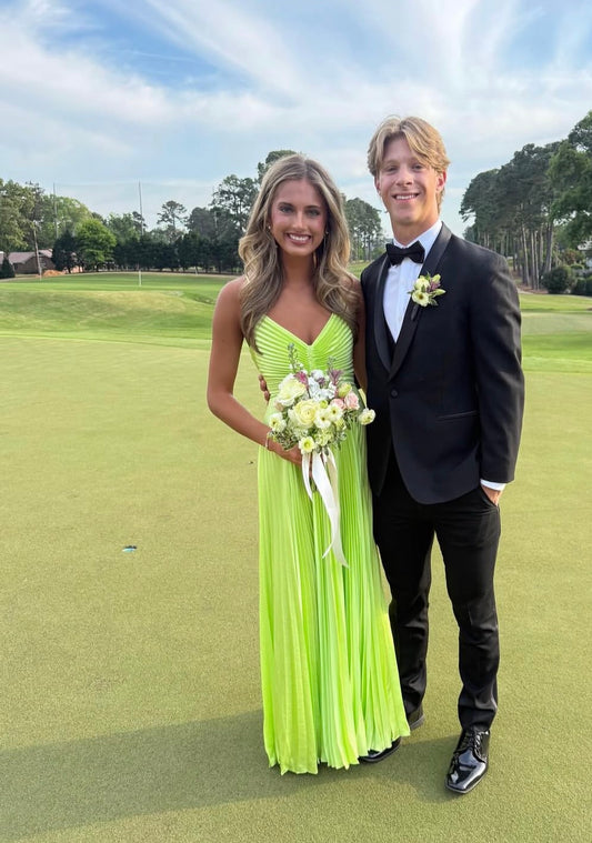V Neck Green Pleaded Wedding Guest Dress A Line Prom Dress J10381