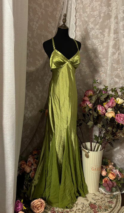 V Neck Green Satin Prom Dress Open Back Formal Evening Dress  J10001