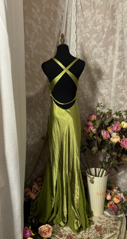 V Neck Green Satin Prom Dress Open Back Formal Evening Dress  J10001