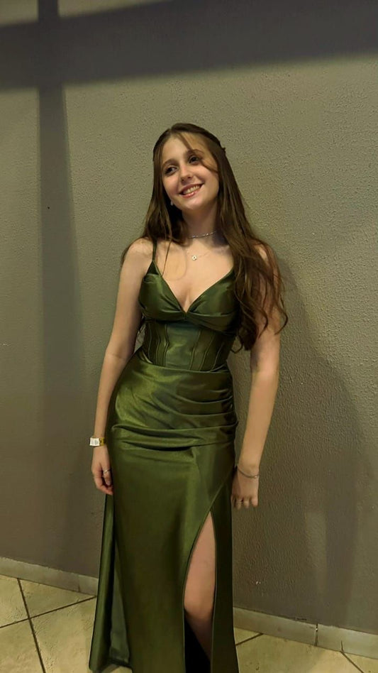 V Neck Green Satin Prom Dress With Slit Formal Evening Dress  J10232