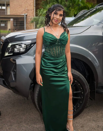 V Neck Green Satin Sequins Formal Prom Dress With Slit  J12127