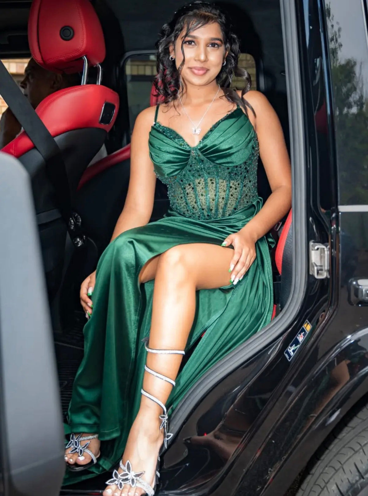 V Neck Green Satin Sequins Formal Prom Dress With Slit  J12127