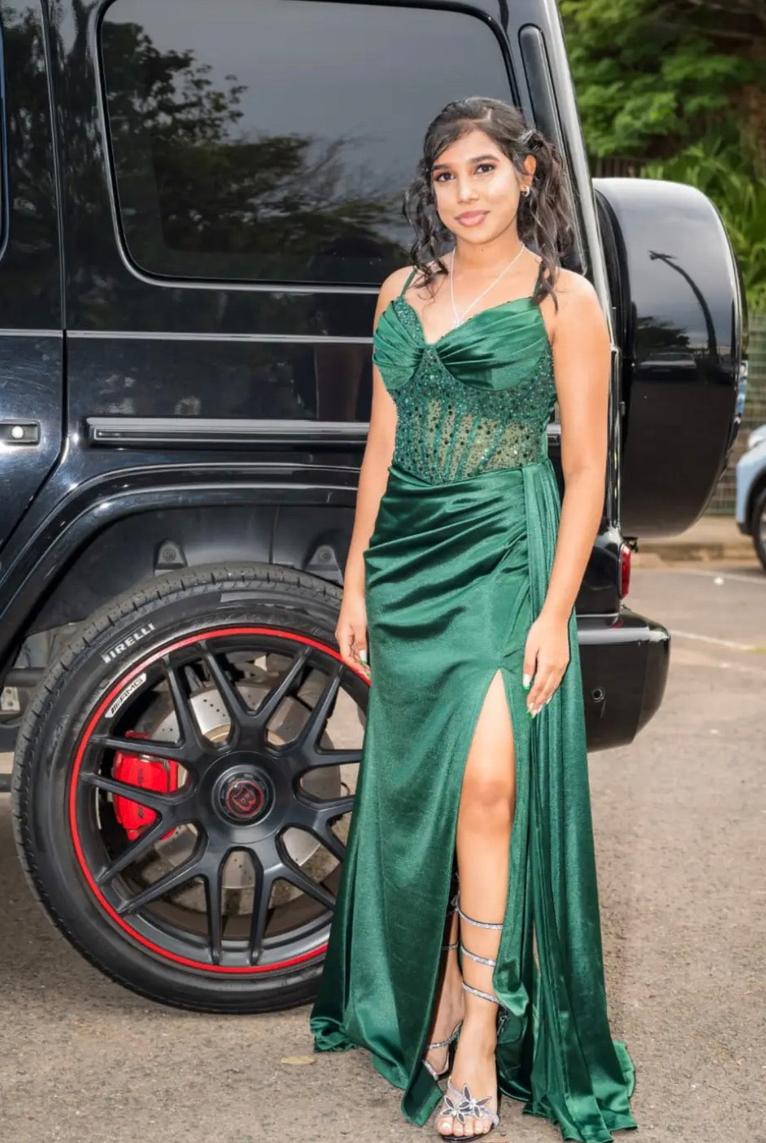 V Neck Green Satin Sequins Formal Prom Dress With Slit  J12127