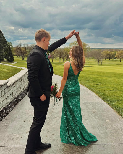 V Neck Green Sequin Mermaid Prom Dress Sparkle Evening Gown  J10442