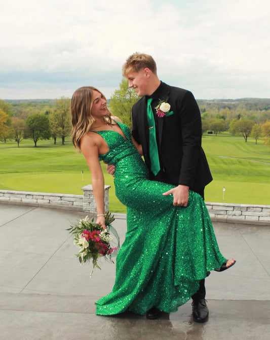 V Neck Green Sequin Mermaid Prom Dress Sparkle Evening Gown  J10442