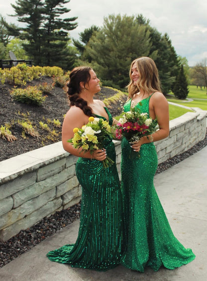 V Neck Green Sequin Mermaid Prom Dress Sparkle Evening Gown  J10442