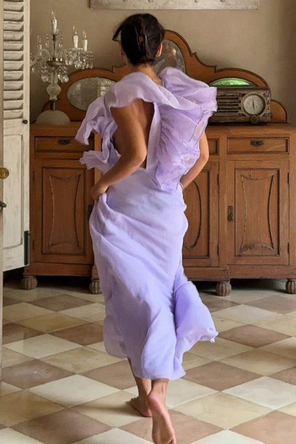 V Neck Lavender Chiffon Ruffled Prom Dress Wedding Guest Dress  J9937